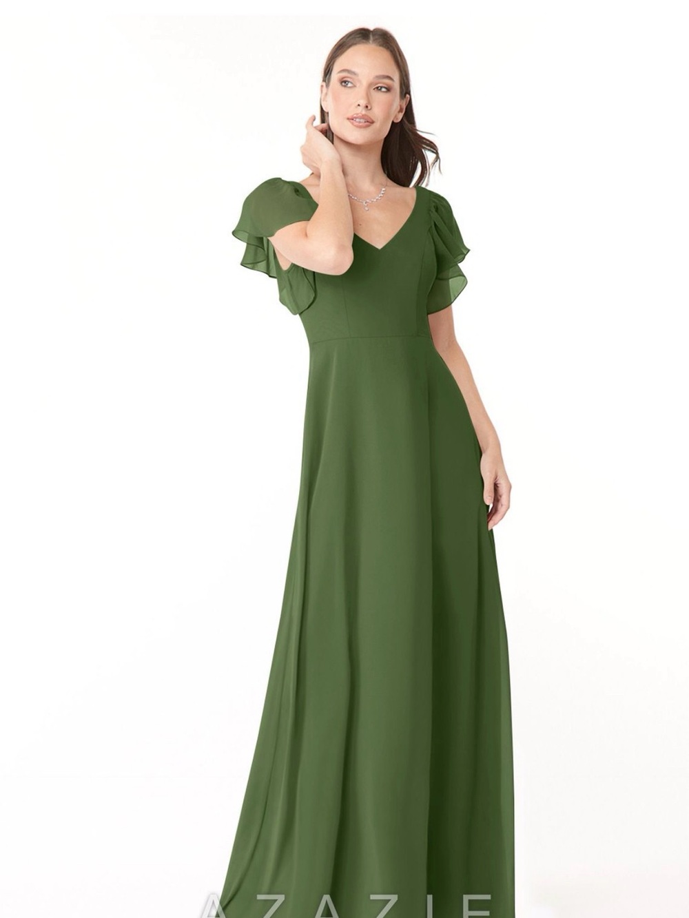 Brand New Azazie Syena Olive Green A-Line Rouched Chiffon Maxi Dress